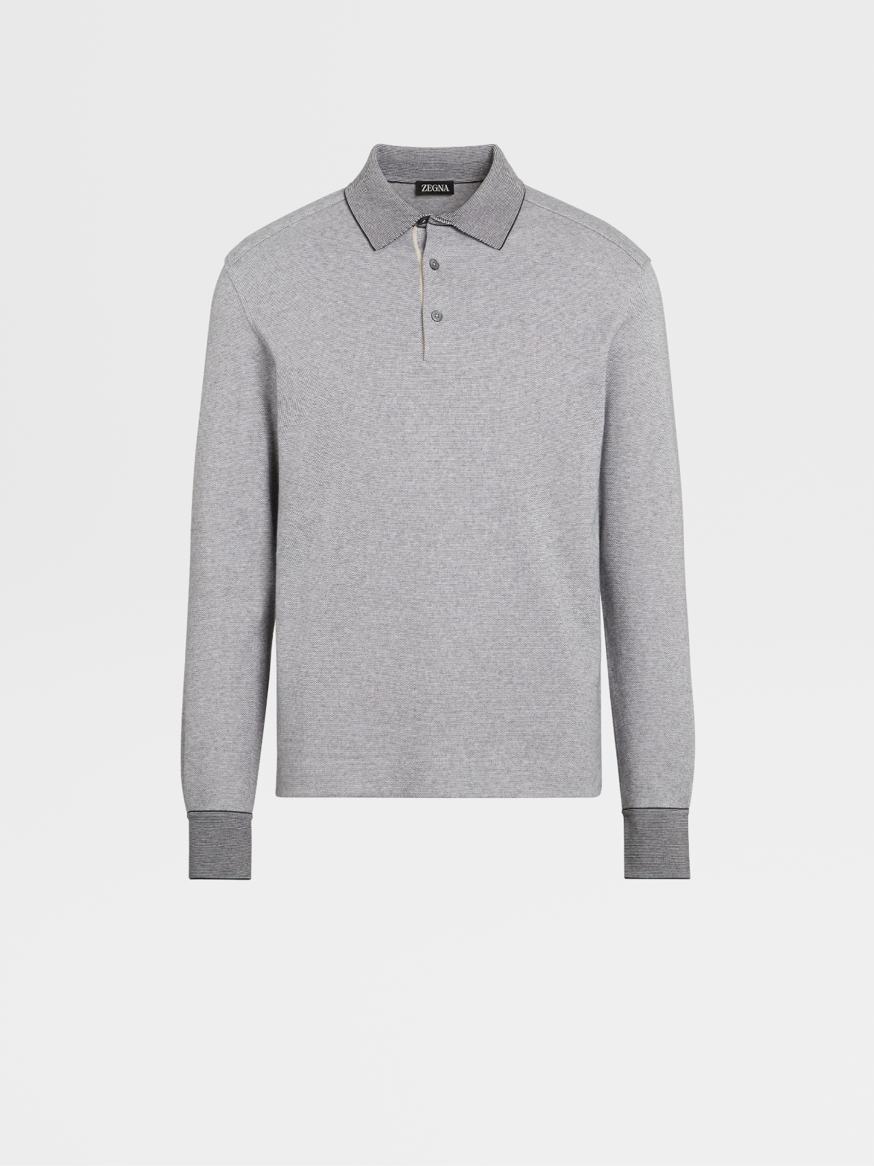 Polo de Manga Larga en Jacquard de Puro Algodón en Azul Marino y Blanco